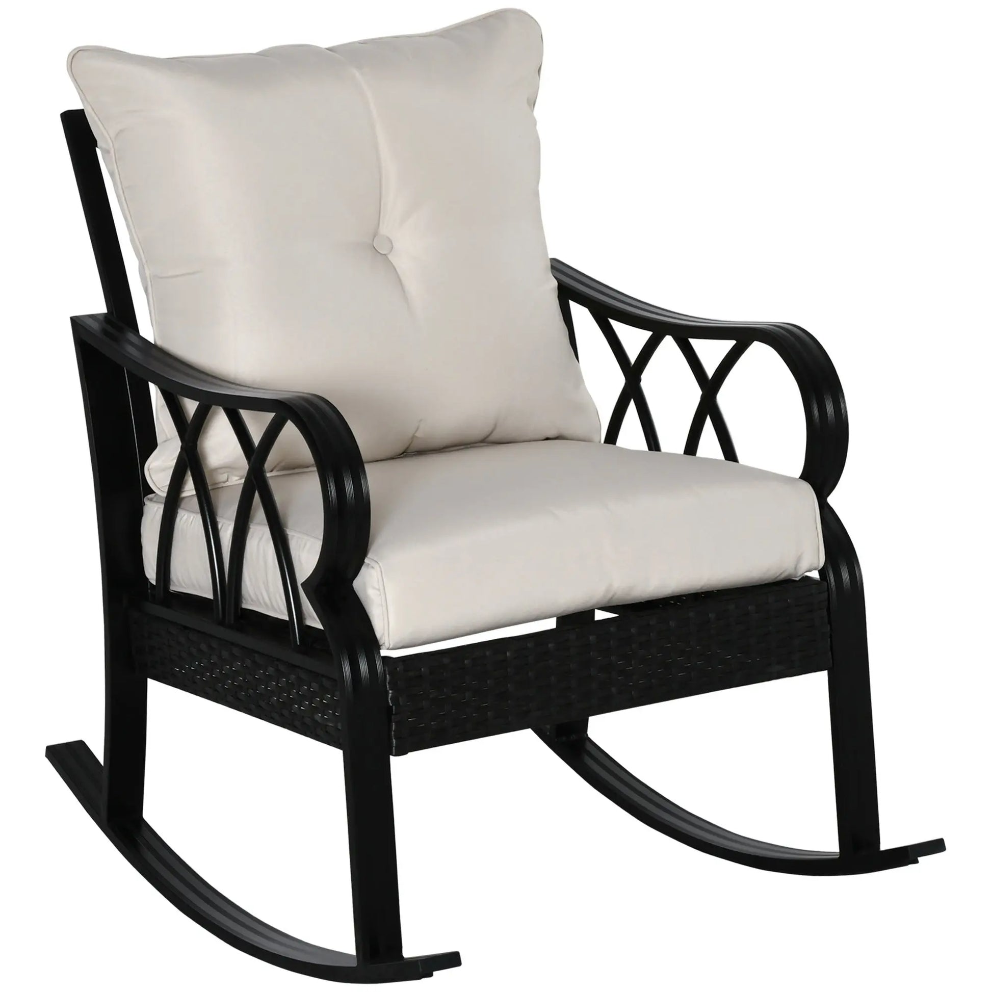 Outsunny Outdoor Wicker Rocking Chair with Padded Cushions, Aluminum Furniture Rattan Porch Rocker Chair w/ Armrest for Garden, Patio, and Backyard, Khaki Doba