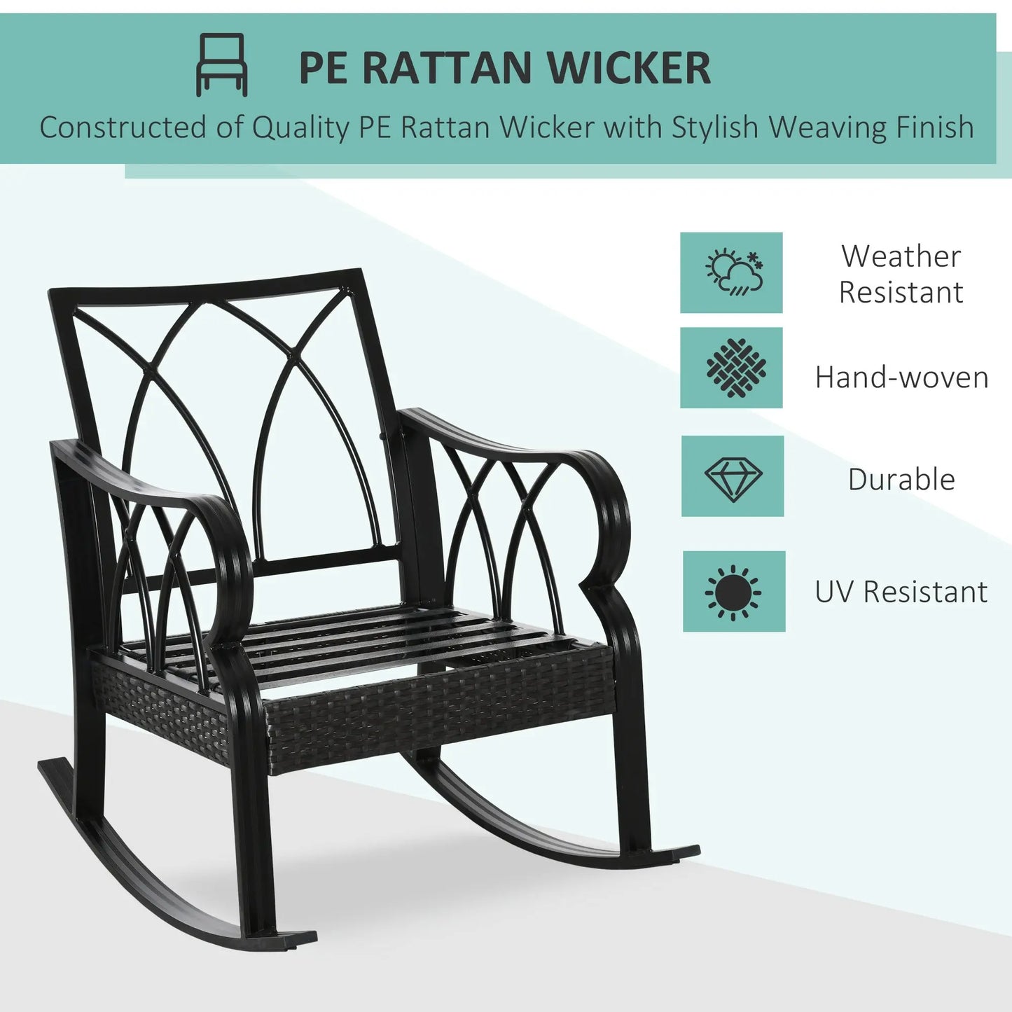 Outsunny Outdoor Wicker Rocking Chair with Padded Cushions, Aluminum Furniture Rattan Porch Rocker Chair w/ Armrest for Garden, Patio, and Backyard, Khaki Doba