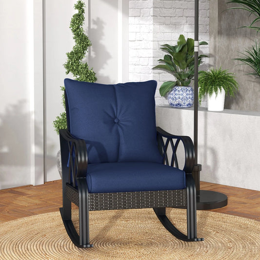 Outsunny Outdoor Wicker Rocking Chair with Padded Cushions, Aluminum Furniture Rattan Porch Rocker Chair w/ Armrest for Garden, Patio, and Backyard, Navy Blue Doba