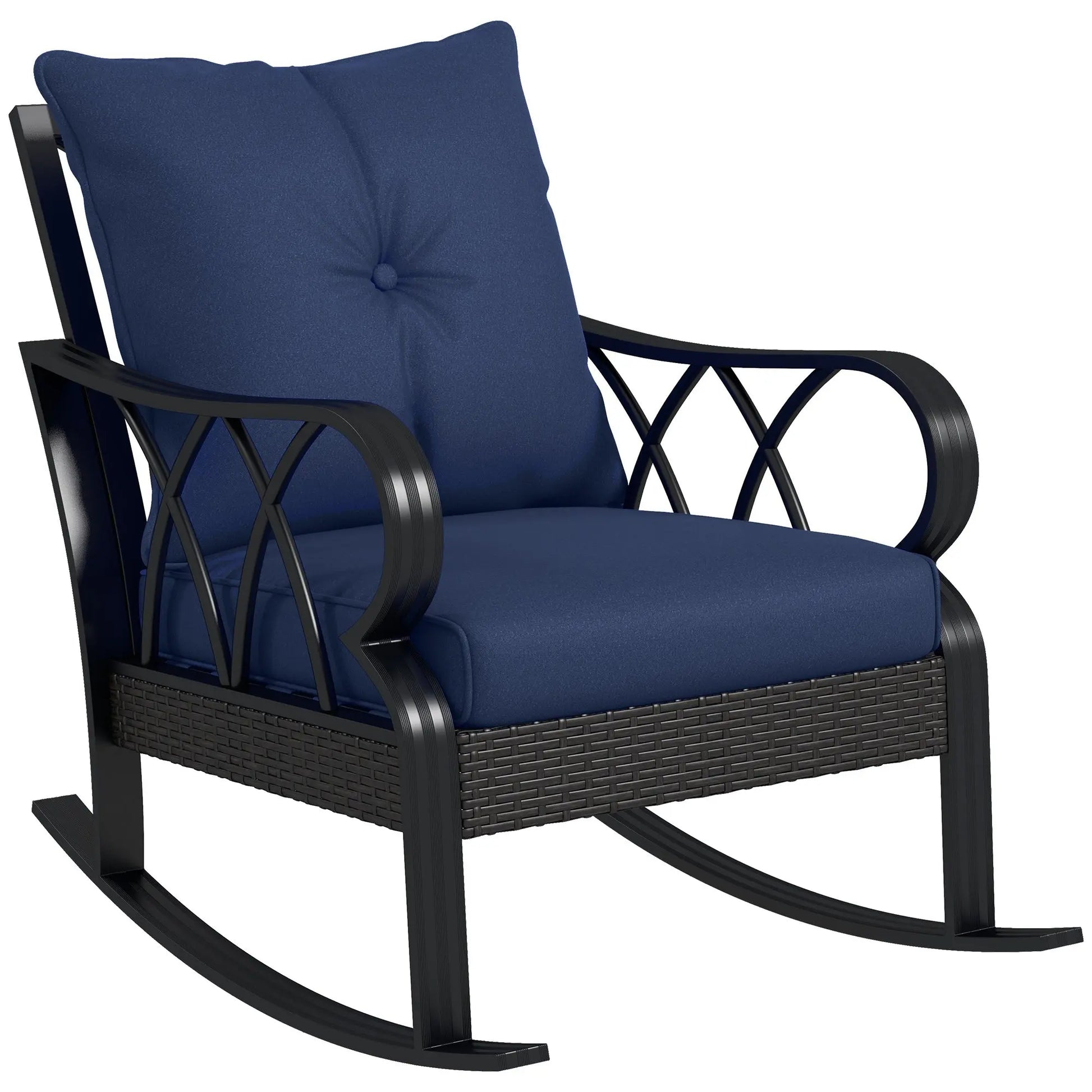 Outsunny Outdoor Wicker Rocking Chair with Padded Cushions, Aluminum Furniture Rattan Porch Rocker Chair w/ Armrest for Garden, Patio, and Backyard, Navy Blue Doba