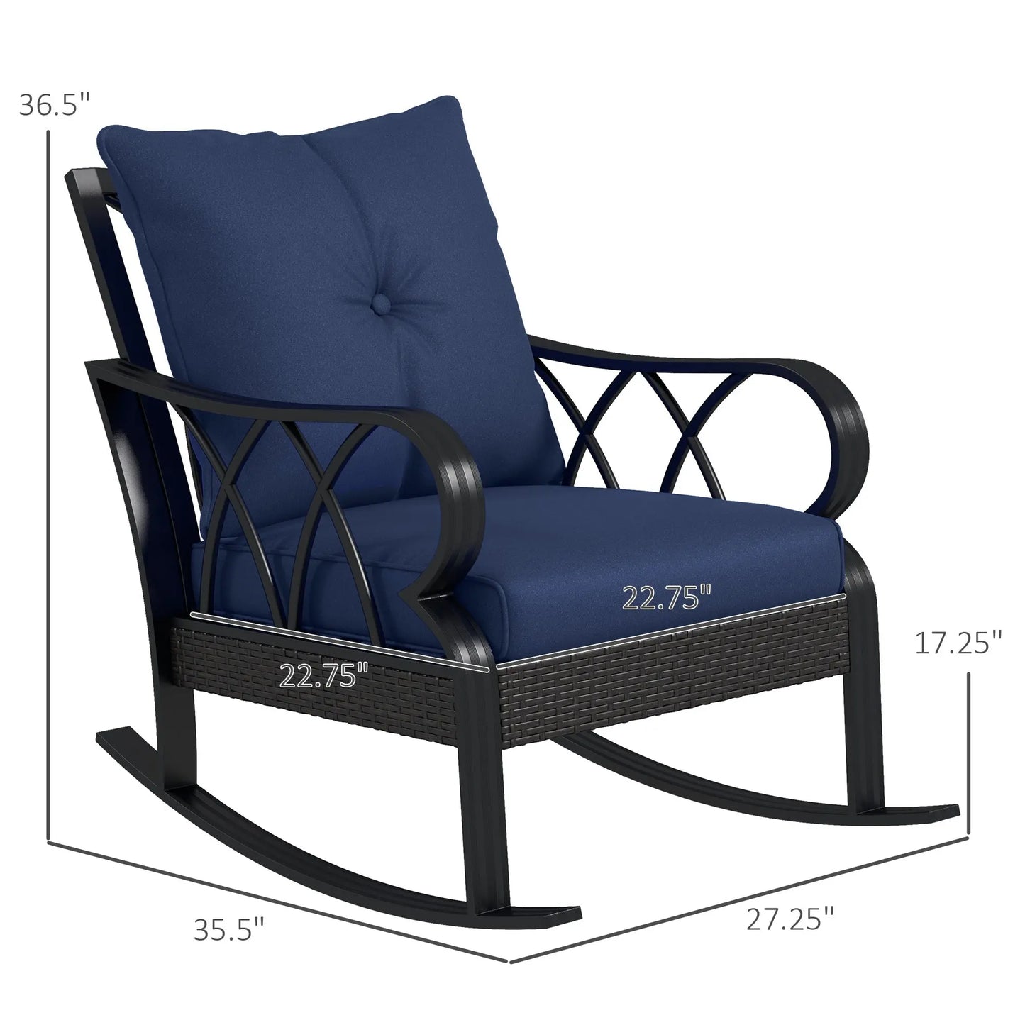 Outsunny Outdoor Wicker Rocking Chair with Padded Cushions, Aluminum Furniture Rattan Porch Rocker Chair w/ Armrest for Garden, Patio, and Backyard, Navy Blue Doba