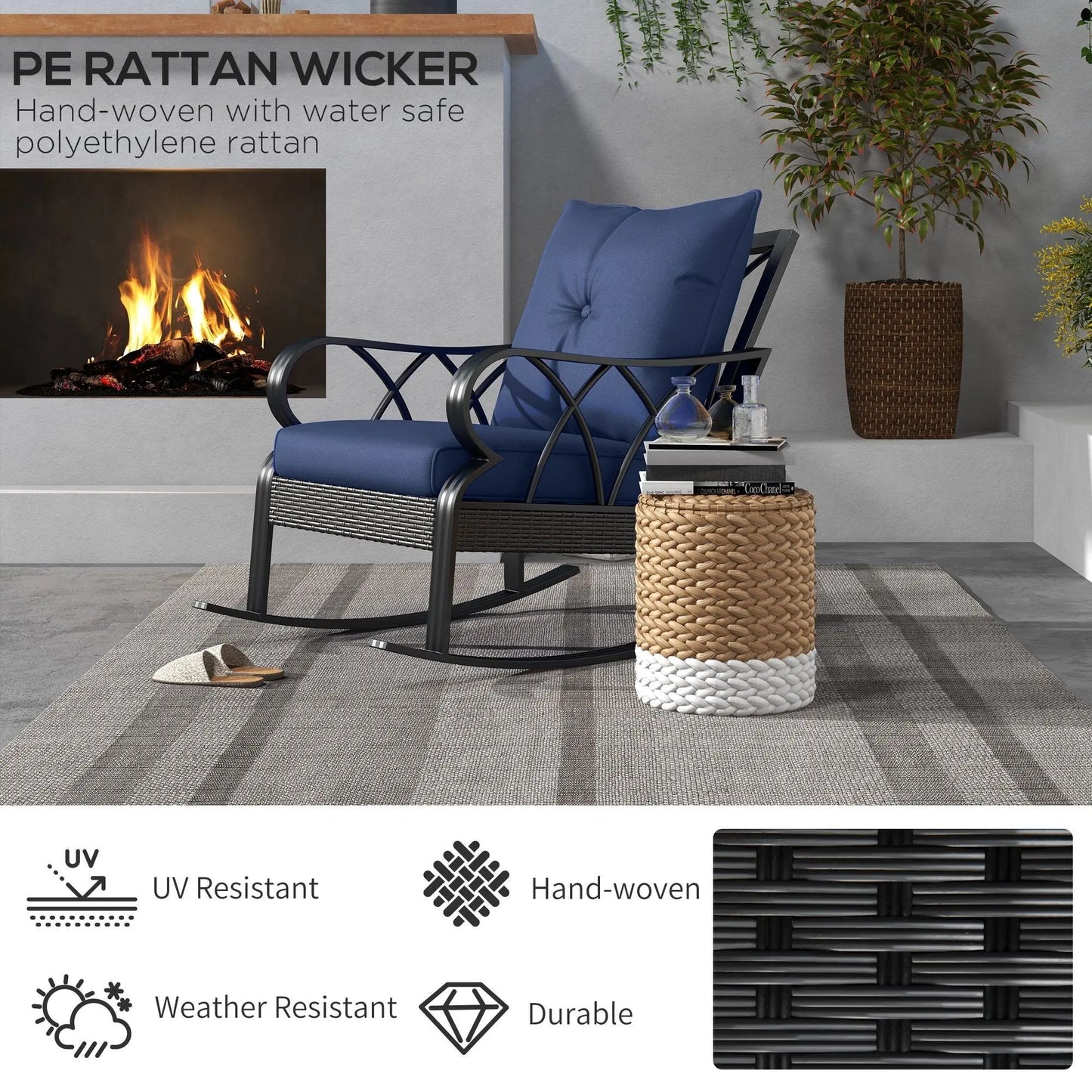 Outsunny Outdoor Wicker Rocking Chair with Padded Cushions, Aluminum Furniture Rattan Porch Rocker Chair w/ Armrest for Garden, Patio, and Backyard, Navy Blue Doba