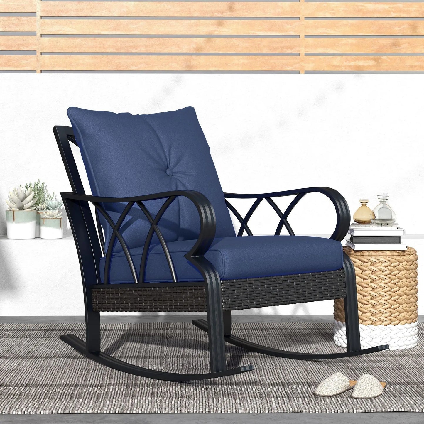 Outsunny Outdoor Wicker Rocking Chair with Padded Cushions, Aluminum Furniture Rattan Porch Rocker Chair w/ Armrest for Garden, Patio, and Backyard, Navy Blue Doba