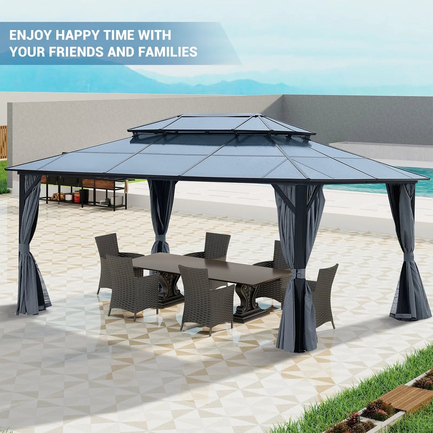 Big size's Gazebos-Double Roof Sunshade (Powder Coated Aluminum) 12 x 16 Feet Doba