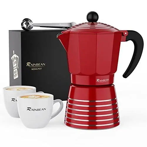 RAINBEAN Moka Pot 6 Cup Set, 11 oz / 300ml Stovetop Espresso Maker, Italian Cuban Greca Coffee, Aluminum Ripple Ring Design - Easy To Use & Clean (Red/Black, Perfect Gifts for Coffee Lovers) Doba