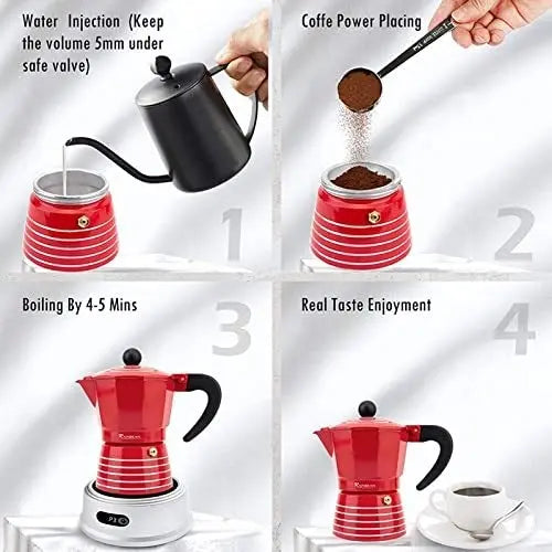 RAINBEAN Moka Pot 6 Cup Set, 11 oz / 300ml Stovetop Espresso Maker, Italian Cuban Greca Coffee, Aluminum Ripple Ring Design - Easy To Use & Clean (Red/Black, Perfect Gifts for Coffee Lovers) Doba