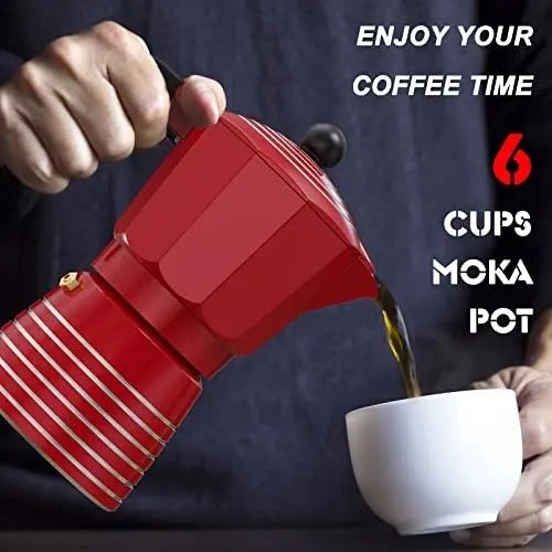 RAINBEAN Moka Pot 6 Cup Set, 11 oz / 300ml Stovetop Espresso Maker, Italian Cuban Greca Coffee, Aluminum Ripple Ring Design - Easy To Use & Clean (Red/Black, Perfect Gifts for Coffee Lovers) Doba