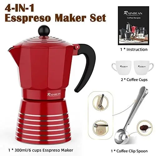 RAINBEAN Moka Pot 6 Cup Set, 11 oz / 300ml Stovetop Espresso Maker, Italian Cuban Greca Coffee, Aluminum Ripple Ring Design - Easy To Use & Clean (Red/Black, Perfect Gifts for Coffee Lovers) Doba