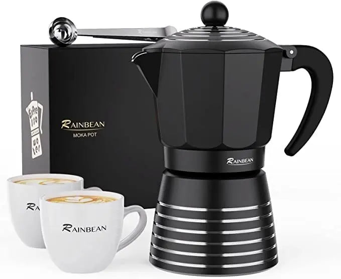 RAINBEAN Moka Pot 6 Cup Set, 11 oz / 300ml Stovetop Espresso Maker, Italian Cuban Greca Coffee, Aluminum Ripple Ring Design - Easy To Use & Clean (Red/Black, Perfect Gifts for Coffee Lovers) Doba