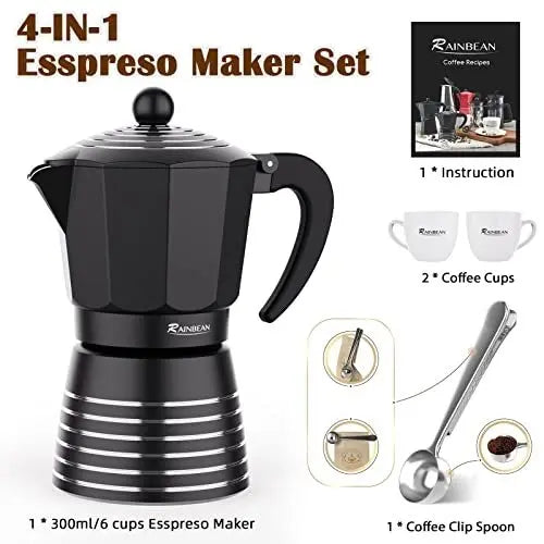 RAINBEAN Moka Pot 6 Cup Set, 11 oz / 300ml Stovetop Espresso Maker, Italian Cuban Greca Coffee, Aluminum Ripple Ring Design - Easy To Use & Clean (Red/Black, Perfect Gifts for Coffee Lovers) Doba