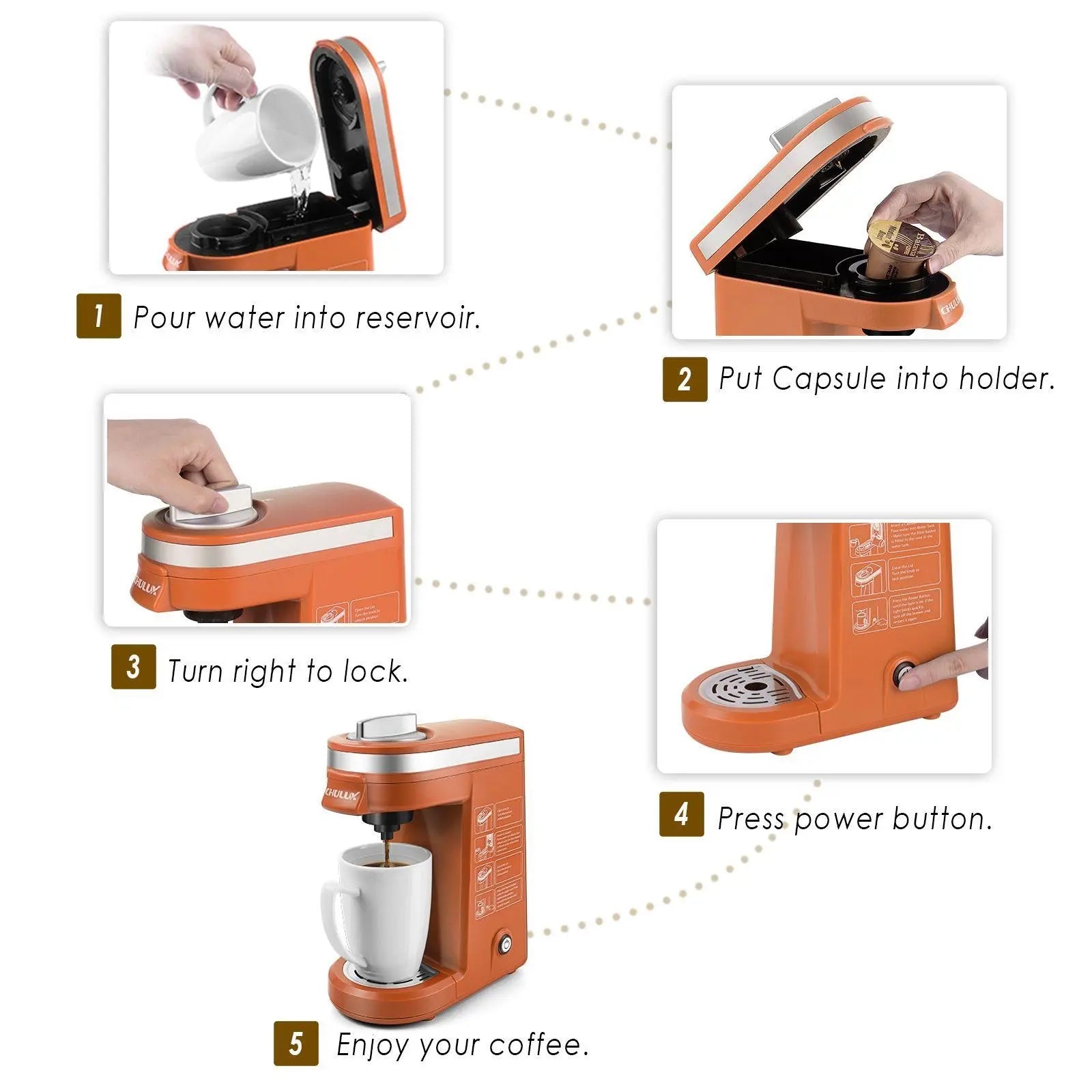 CHULUX Coffee Maker CHULUX Single-Serve Coffee Machine for Capsule,Orange, Keurig K-cup pods Doba