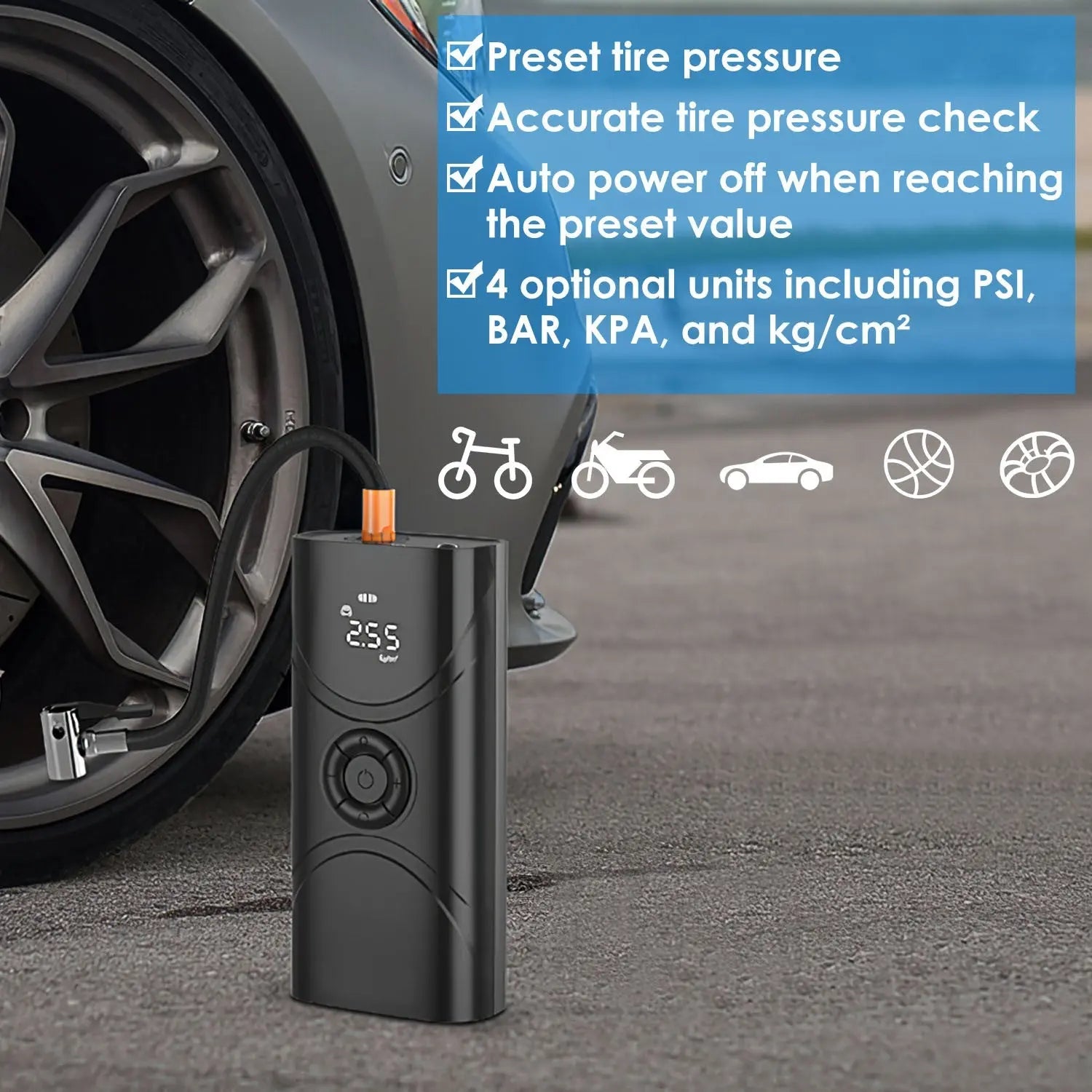 Car Tire Inflator Pump Portable Air Compressor 6000mAh Wireless Electric Air Pump 150 PSI with LED Light Doba