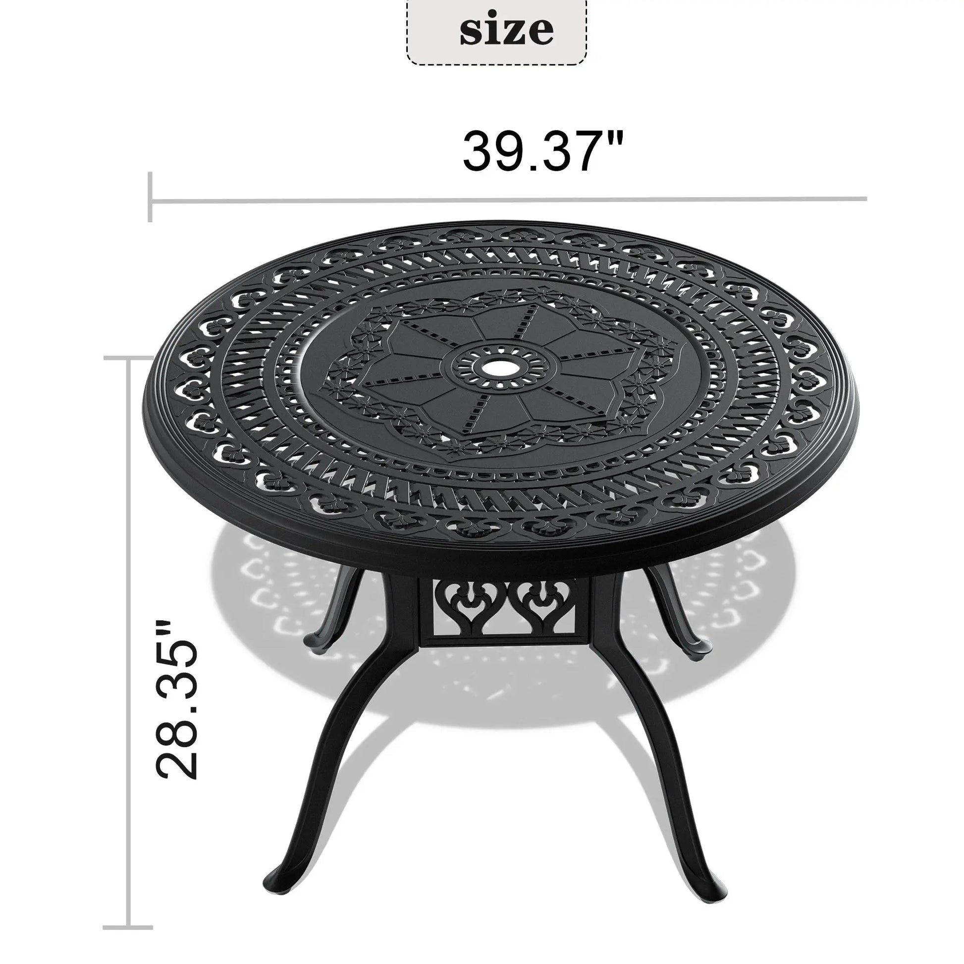 Cast Aluminum Patio Dining Table 39.37-inch With Black Frame and Umbrella Hole Doba