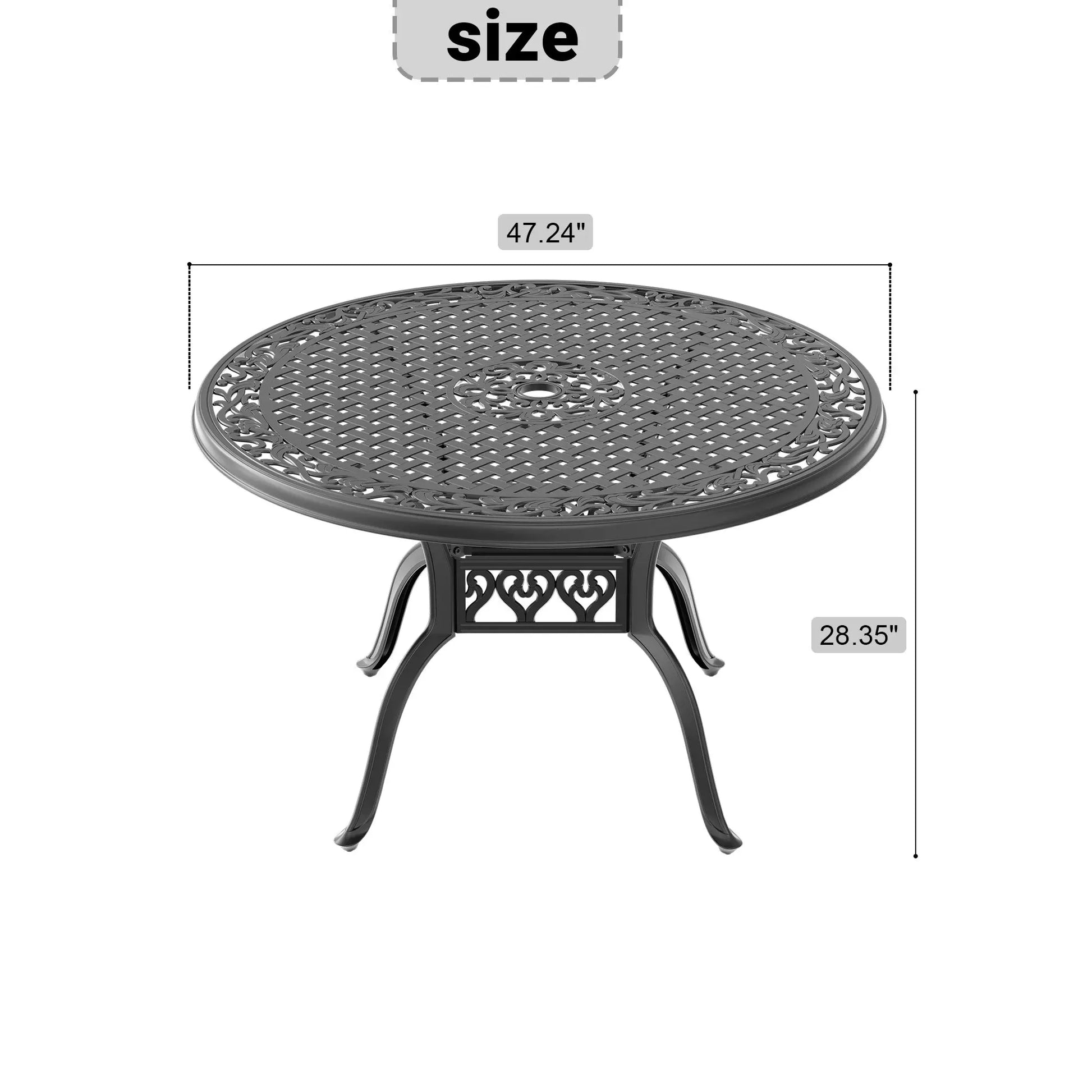 Cast Aluminum Patio Dining Table 47.24-inch with Black Frame and Umbrella Hole Doba