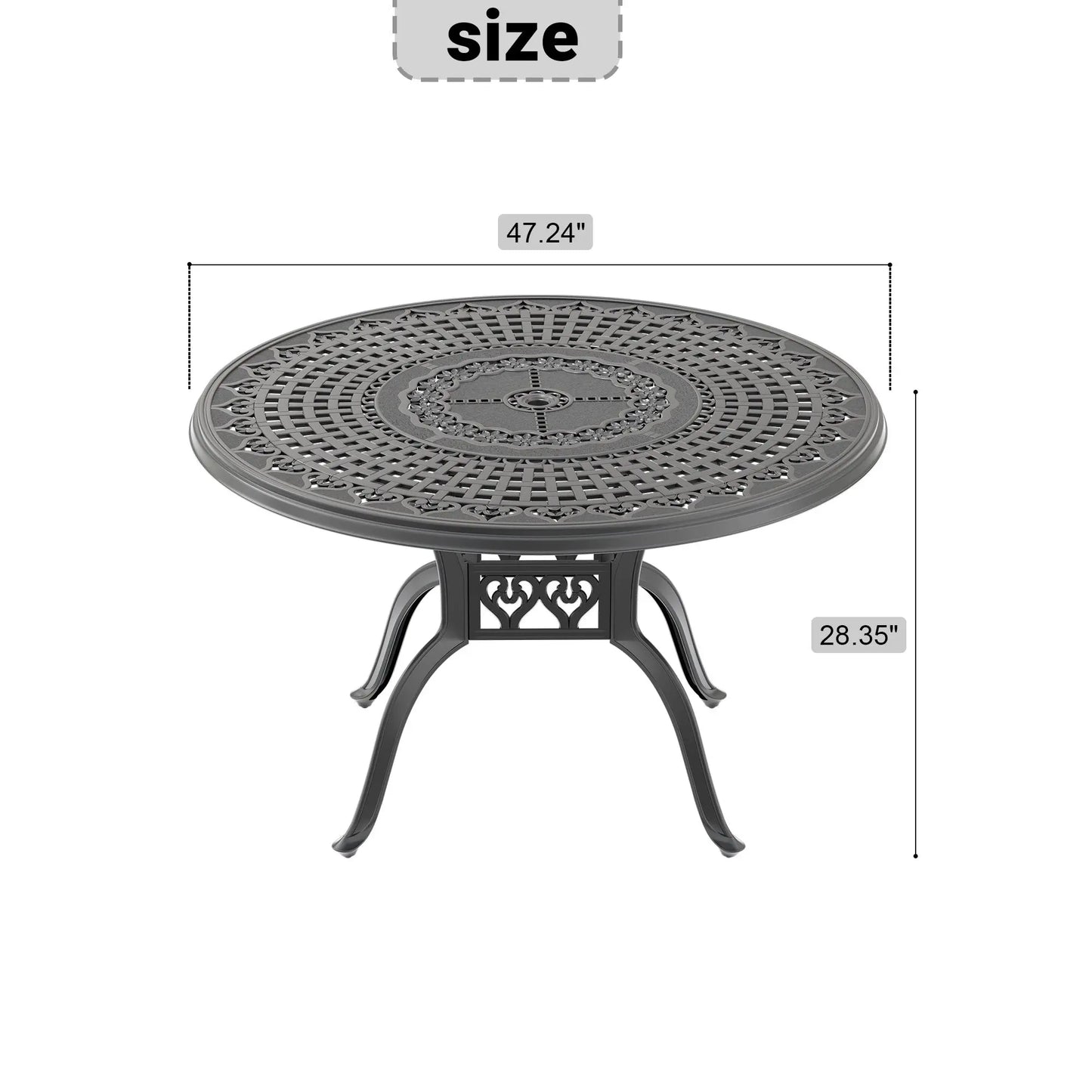 Cast Aluminum Patio Dining Table 47.24-inch with Black Frame and Umbrella Hole Doba