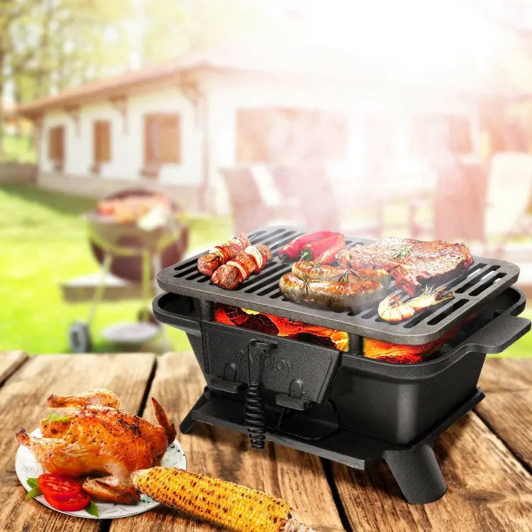 Heavy Duty Cast Iron Tabletop BBQ Grill Stove for Camping Picnic, Wood/Charcoal Grill Doba