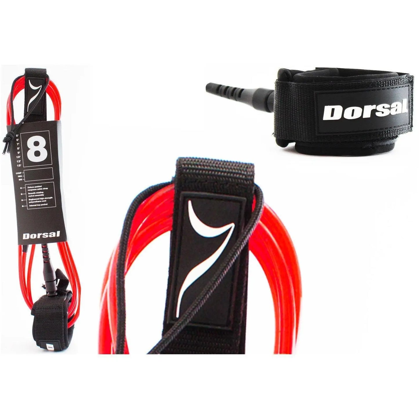 DORSAL Premium Surfboard 6 7 8 9 10 FT Surf Leash - Red Doba