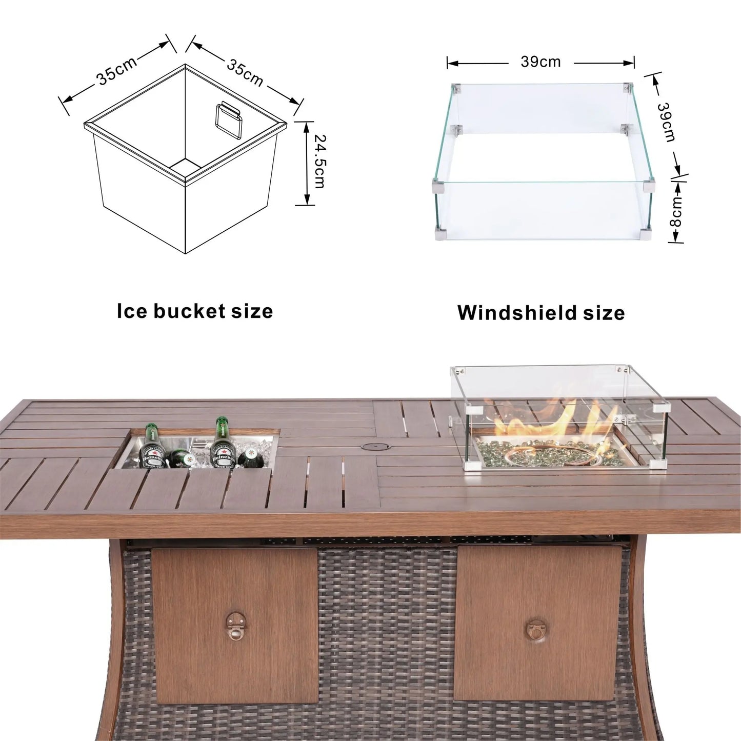 Direct Wicker 7 PCS Patio Gas Firepit and Ice Container Rectangle Dining Set with 6 Standard Height Chairs, A Complete Entertaining Area Doba