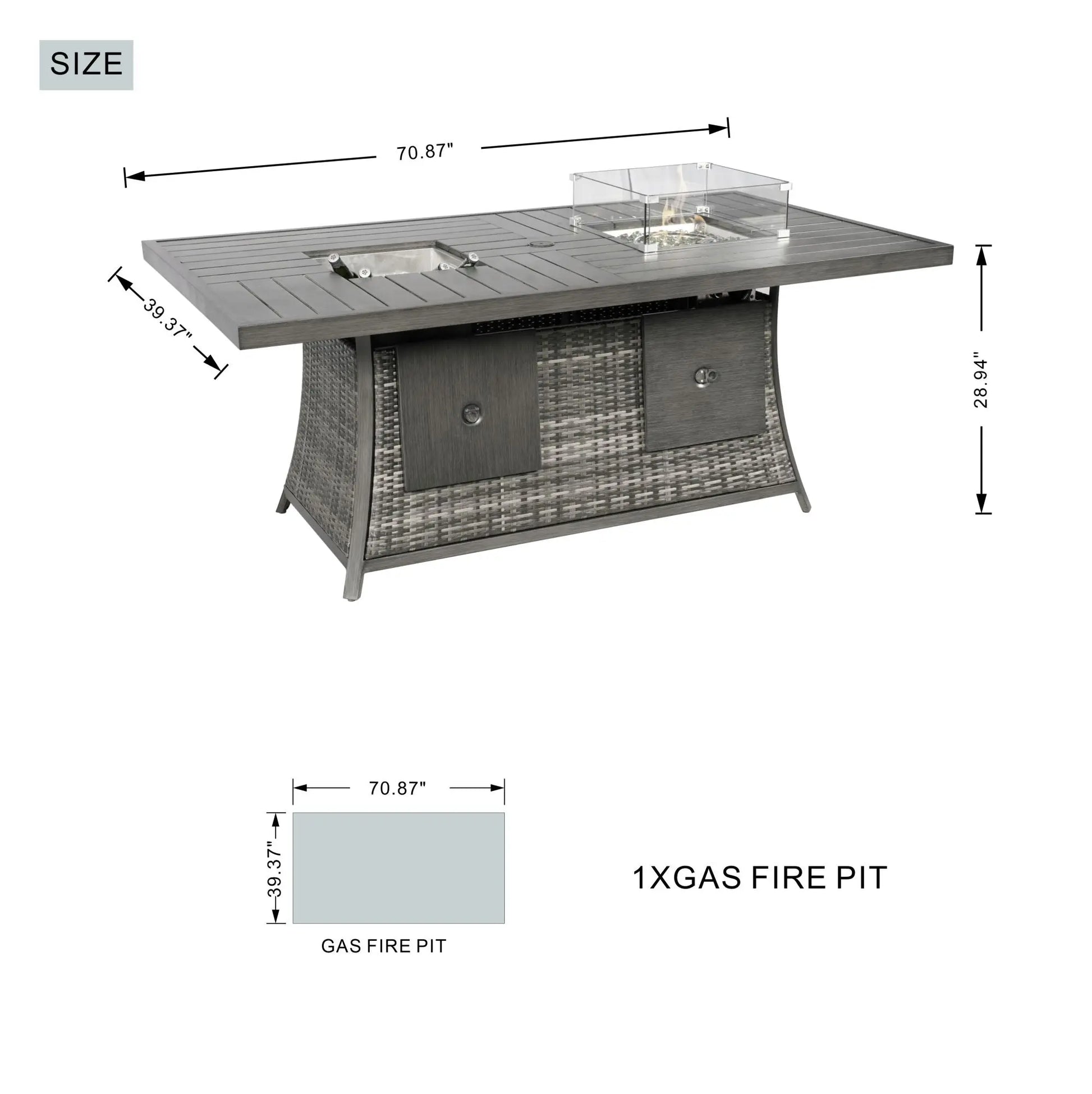 Direct Wicker 7 PCS Patio Gas Firepit and Ice Container Rectangle Dining Set with 6 Standard Height Chairs, A Complete Entertaining Area Doba