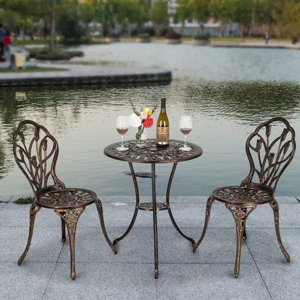 European Style Cast Aluminum Outdoor 3 Piece Tulip Bistro Set of Table and Chairs Bronze, Cafe Table and Chairs Doba