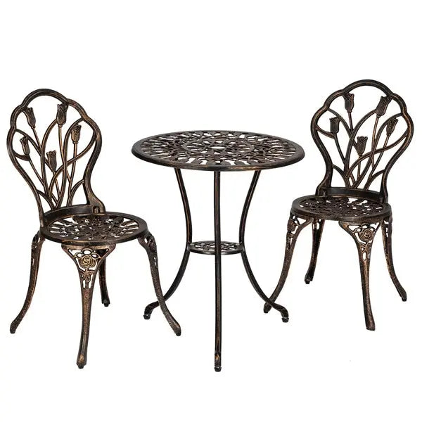 European Style Cast Aluminum Outdoor 3 Piece Tulip Bistro Set of Table and Chairs Bronze, Cafe Table and Chairs Doba