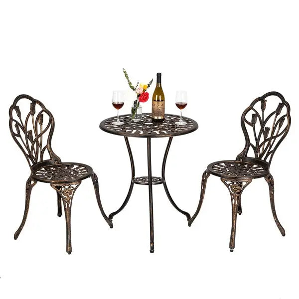 European Style Cast Aluminum Outdoor 3 Piece Tulip Bistro Set of Table and Chairs Bronze, Cafe Table and Chairs Doba