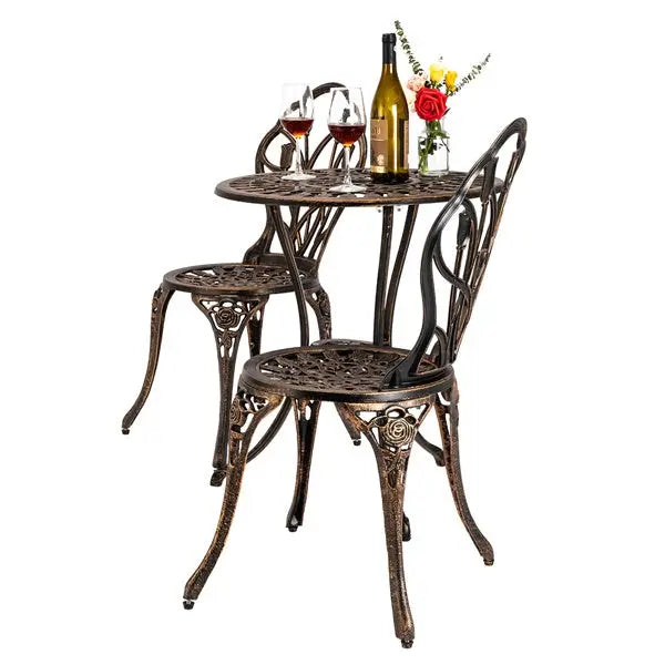 European Style Cast Aluminum Outdoor 3 Piece Tulip Bistro Set of Table and Chairs Bronze, Cafe Table and Chairs Doba