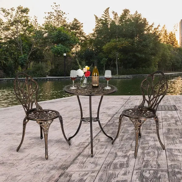 European Style Cast Aluminum Outdoor 3 Piece Tulip Bistro Set of Table and Chairs Bronze, Cafe Table and Chairs Doba