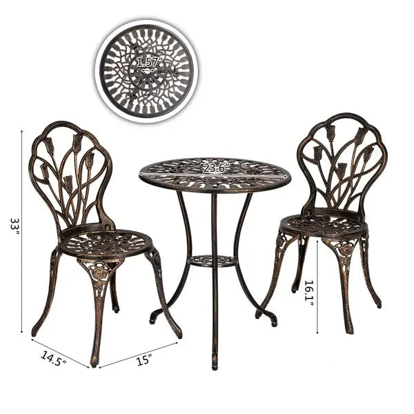 European Style Cast Aluminum Outdoor 3 Piece Tulip Bistro Set of Table and Chairs Bronze, Cafe Table and Chairs Doba