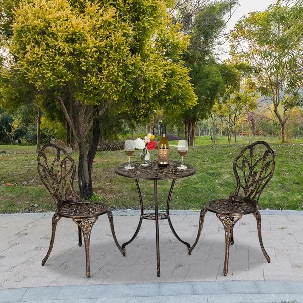 European Style Cast Aluminum Outdoor 3 Piece Tulip Bistro Set of Table and Chairs Bronze, Cafe Table and Chairs Doba