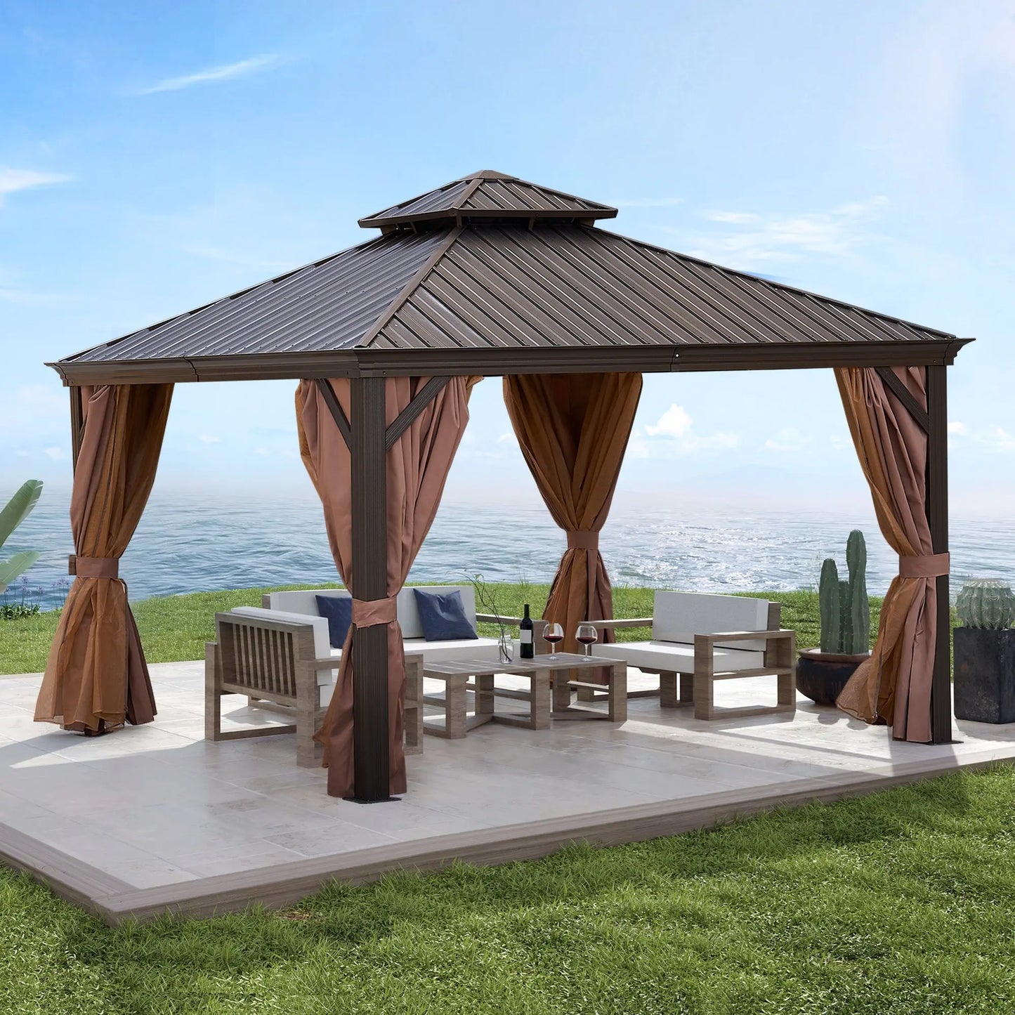 Gazebo Brown (Powder Coated) 12 x 12 feet or 12 x 20 feet Brown Bronze Metal Roof Gazebo Doba