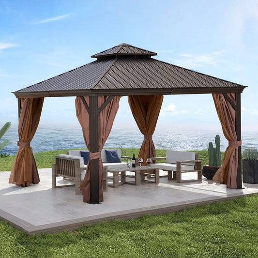 Gazebo Brown (Powder Coated) 12 x 12 feet or 12 x 20 feet Brown Bronze Metal Roof Gazebo Doba