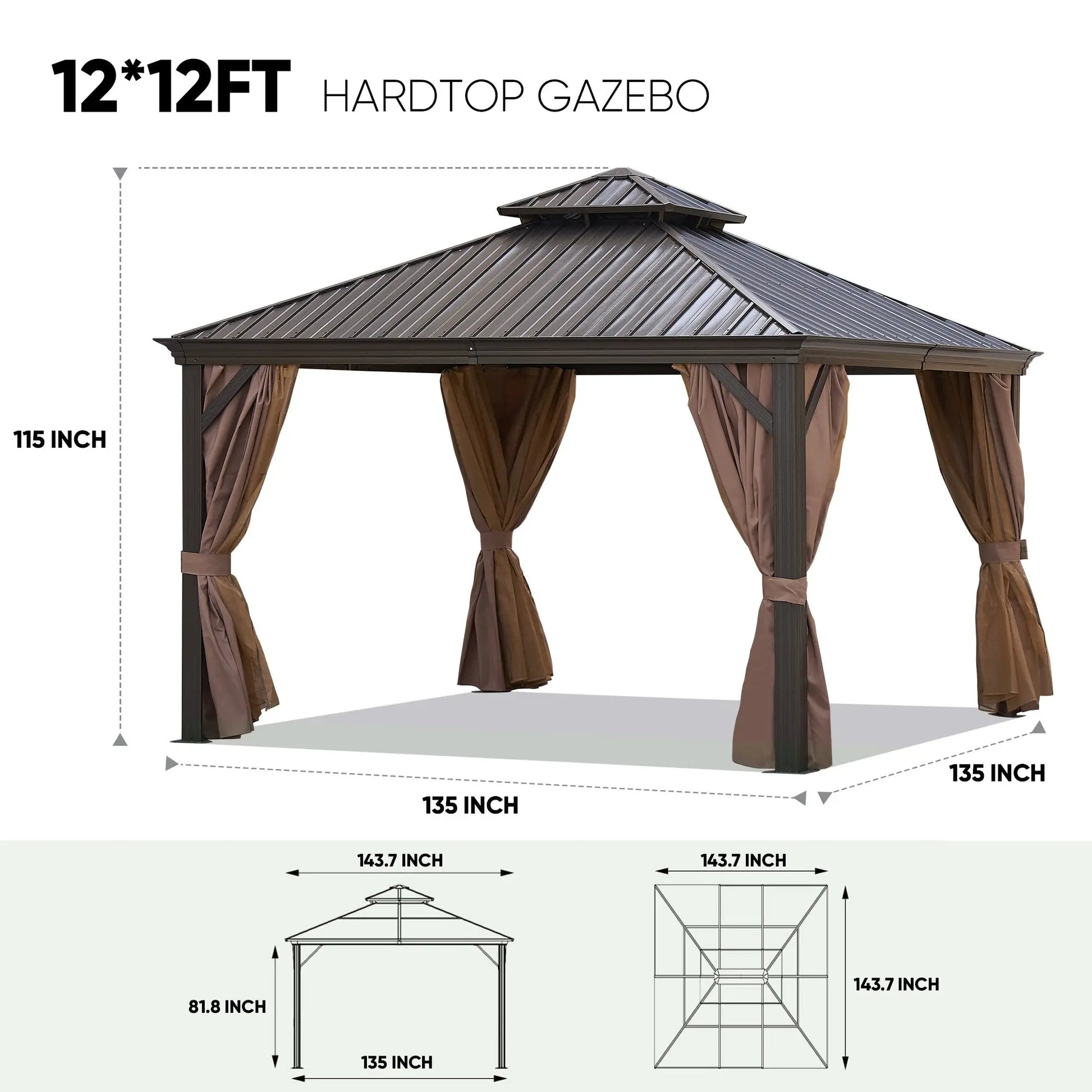 Gazebo Brown (Powder Coated) 12 x 12 feet or 12 x 20 feet Brown Bronze Metal Roof Gazebo Doba