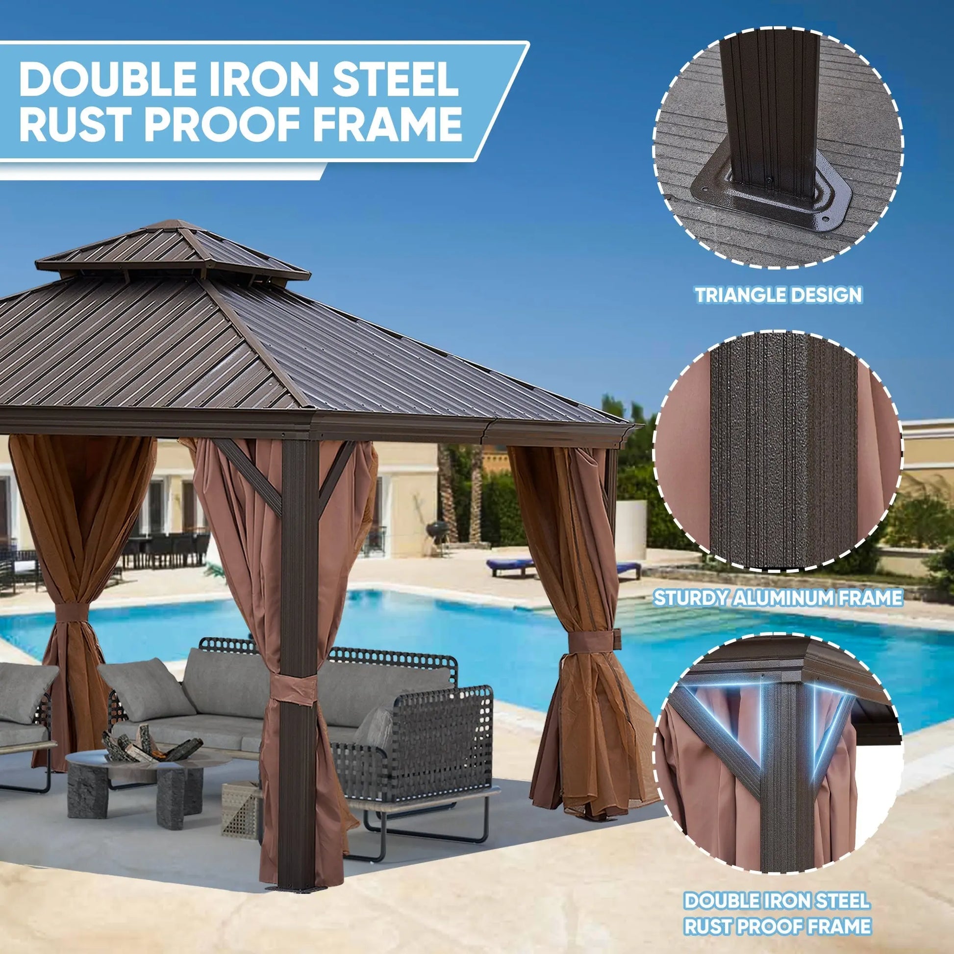 Gazebo Brown (Powder Coated) 12 x 12 feet or 12 x 20 feet Brown Bronze Metal Roof Gazebo Doba