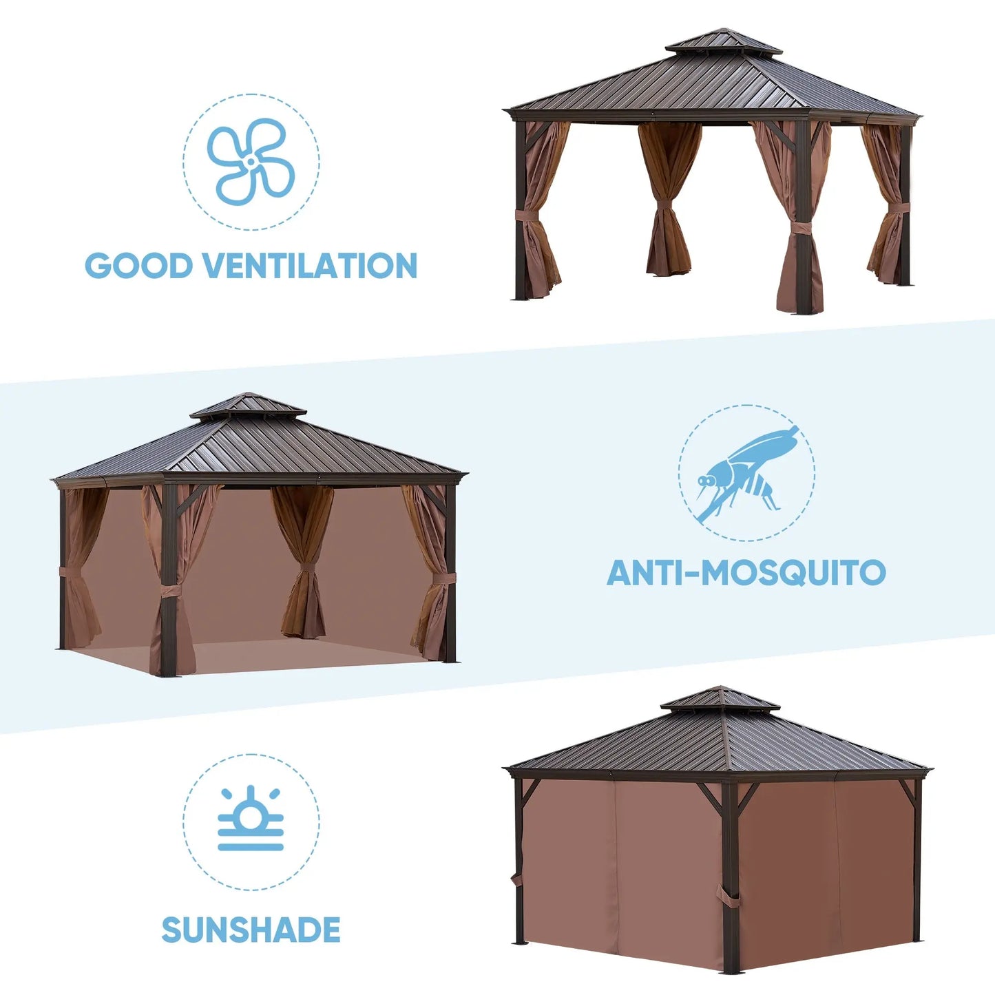 Gazebo Brown (Powder Coated) 12 x 12 feet or 12 x 20 feet Brown Bronze Metal Roof Gazebo Doba