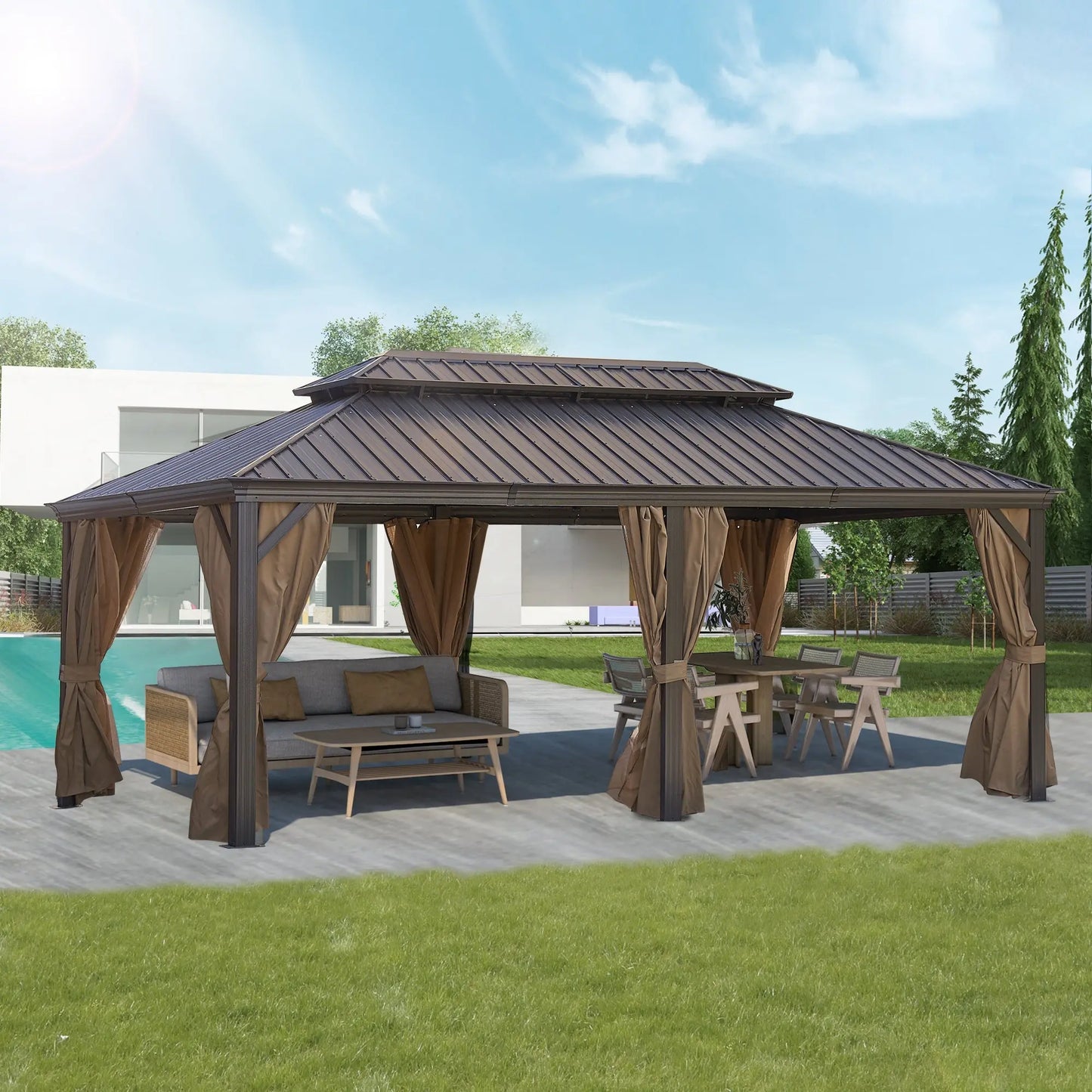 Gazebo Brown (Powder Coated) 12 x 12 feet or 12 x 20 feet Brown Bronze Metal Roof Gazebo Doba