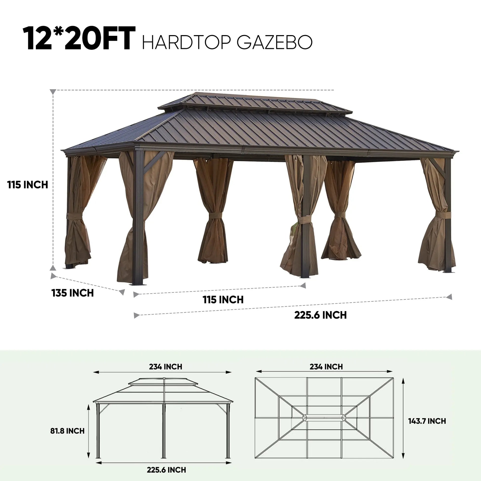 Gazebo Brown (Powder Coated) 12 x 12 feet or 12 x 20 feet Brown Bronze Metal Roof Gazebo Doba