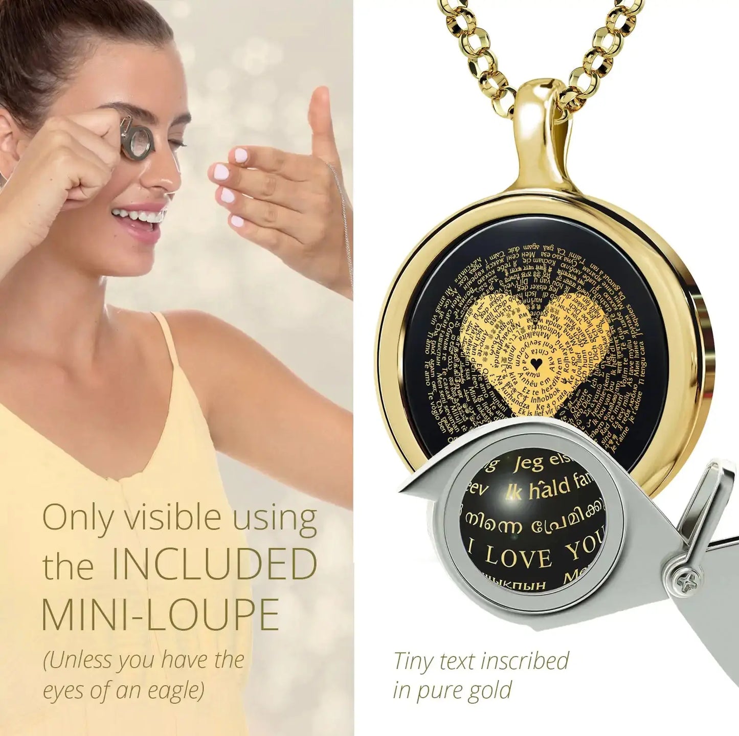 I Love You Necklace Inscribed in 120 Languages with 24k Gold on Onyx and Crystal Heart Earrings Jewelry Set American Roasting Company