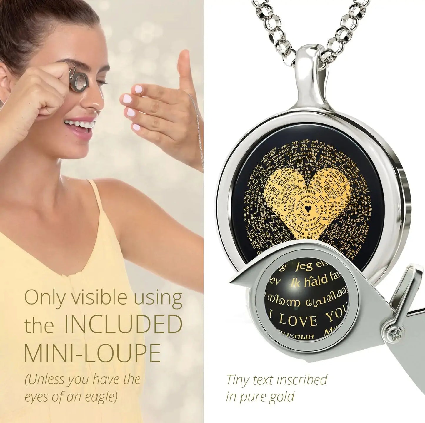 I Love You Necklace Inscribed in 120 Languages with 24k Gold on Onyx and Crystal Heart Earrings Jewelry Set American Roasting Company