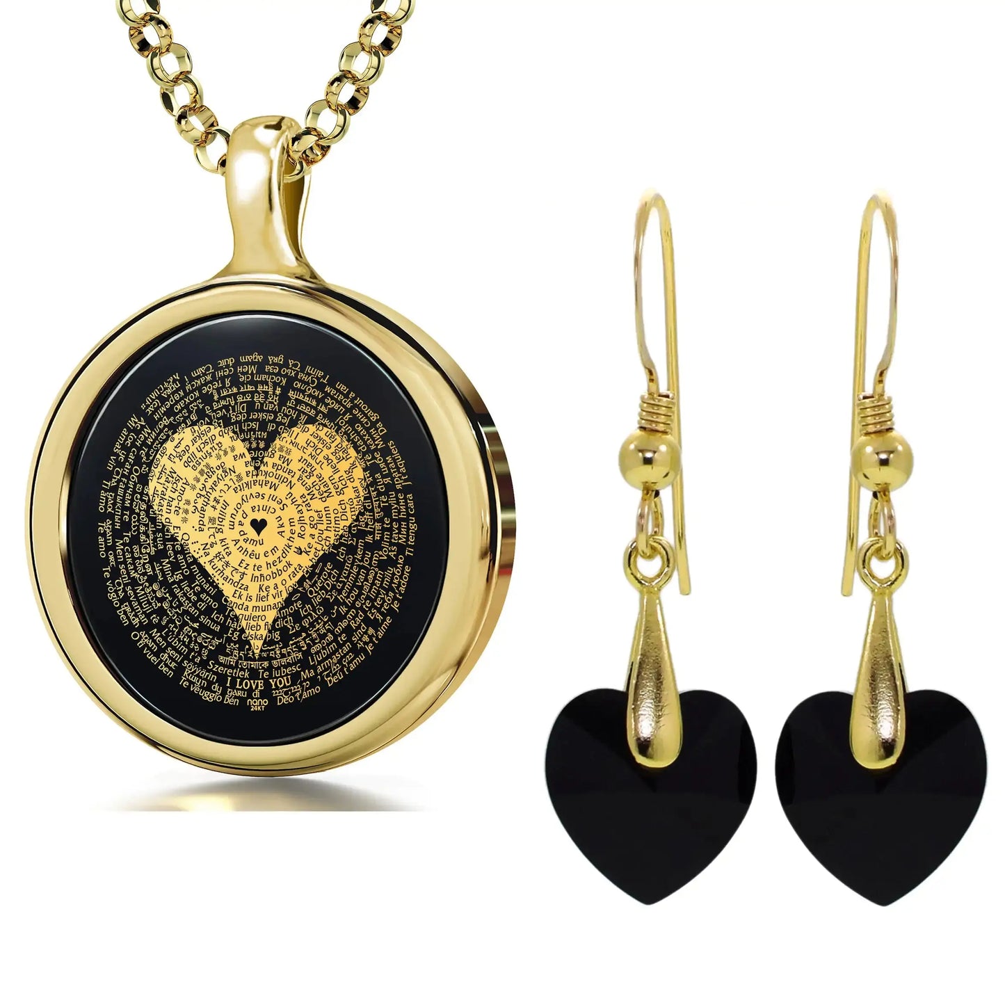 I Love You Necklace Inscribed in 120 Languages with 24k Gold on Onyx and Crystal Heart Earrings Jewelry Set American Roasting Company