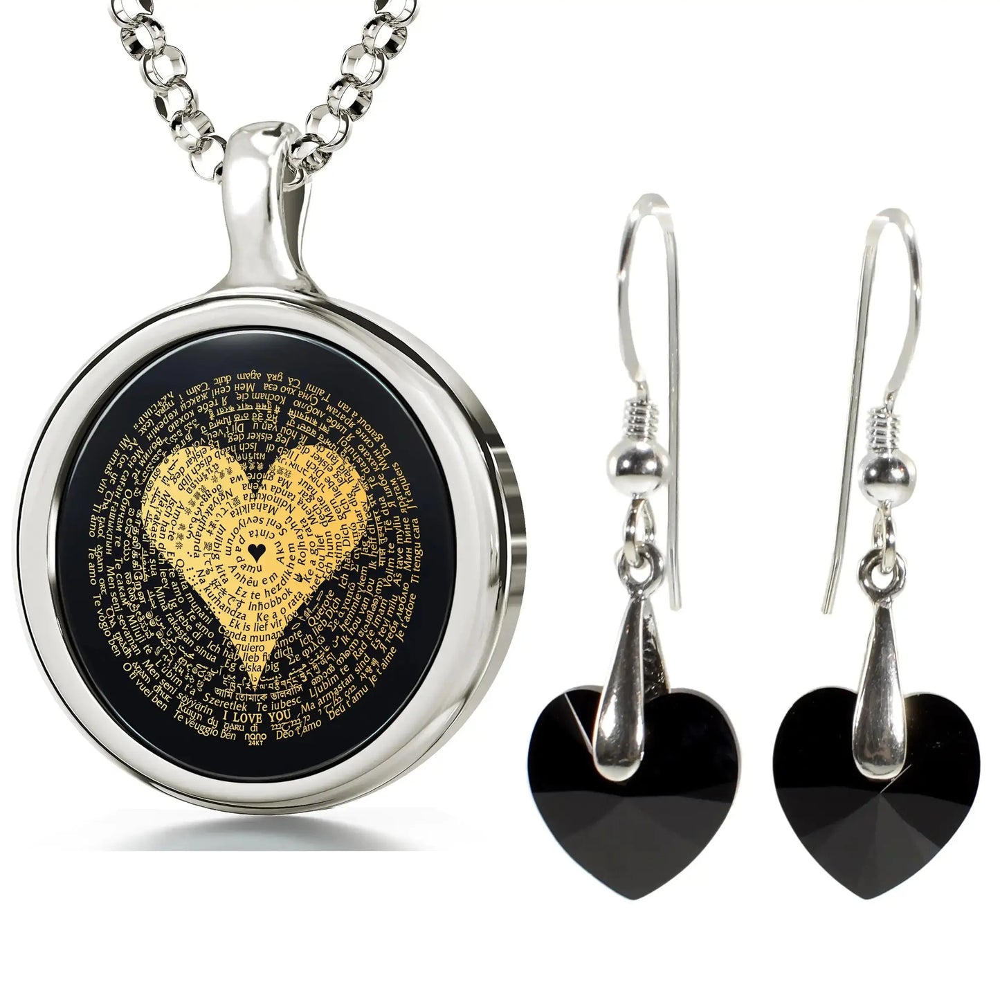 I Love You Necklace Inscribed in 120 Languages with 24k Gold on Onyx and Crystal Heart Earrings Jewelry Set American Roasting Company