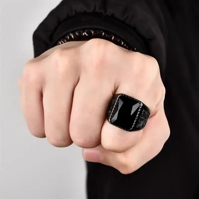 Jiayiqi Men's Hiphop Stainless Steel Stone Ring - Rock Fashion Jewelry American Roasting Company