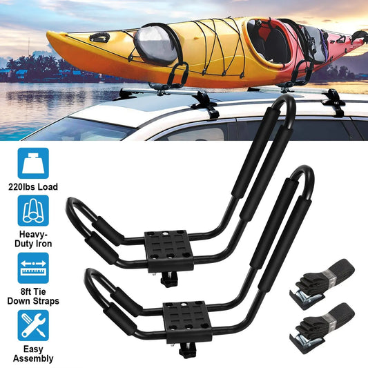 Kayak, Canoe, Paddle Board, Surf Board Rack, 1 Pair Universal J-Bar Kayak Carrier 220LBS Load Heavy Duty Canoe Car Top Mount Carrier Roof Rack with 2Pcs Tie Down Straps Doba