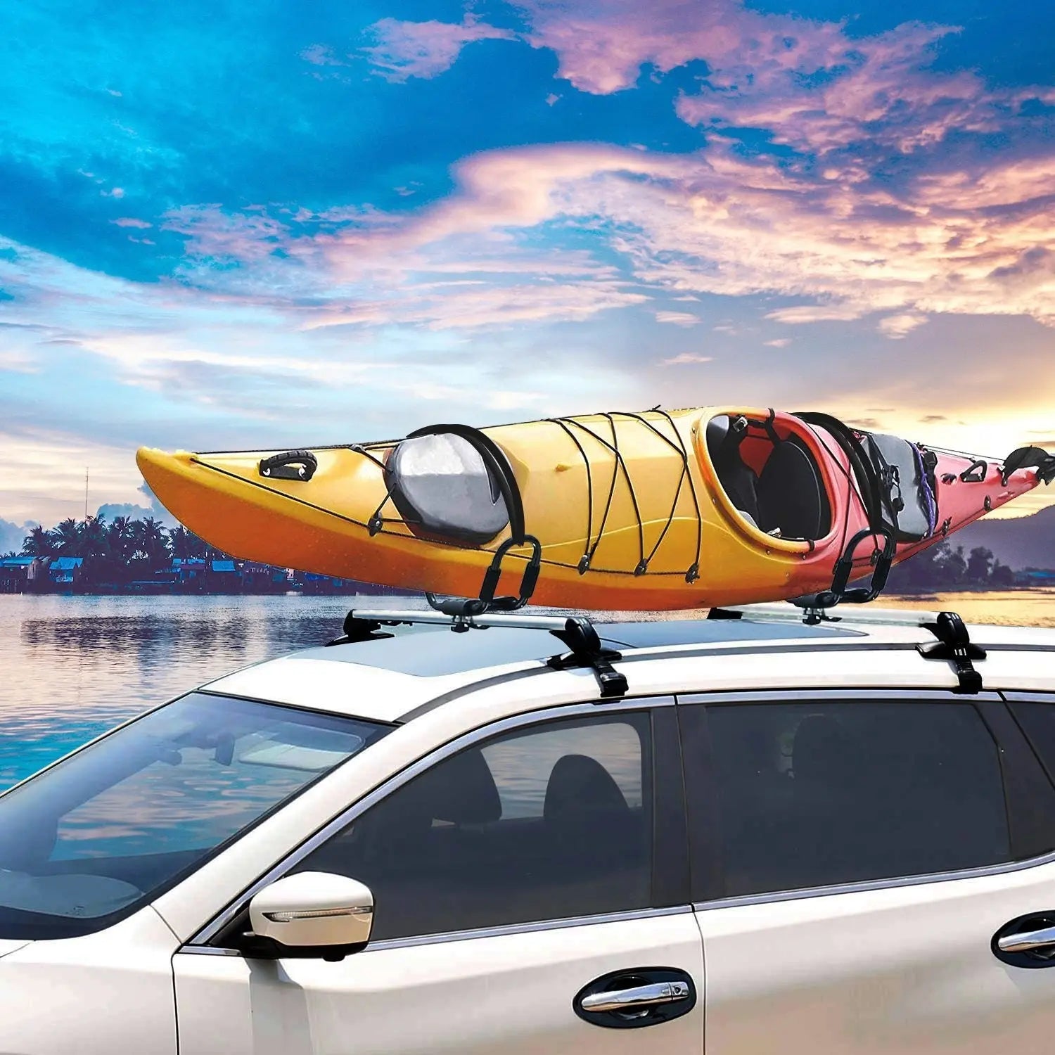 Kayak, Canoe, Paddle Board, Surf Board Rack, 1 Pair Universal J-Bar Kayak Carrier 220LBS Load Heavy Duty Canoe Car Top Mount Carrier Roof Rack with 2Pcs Tie Down Straps Doba