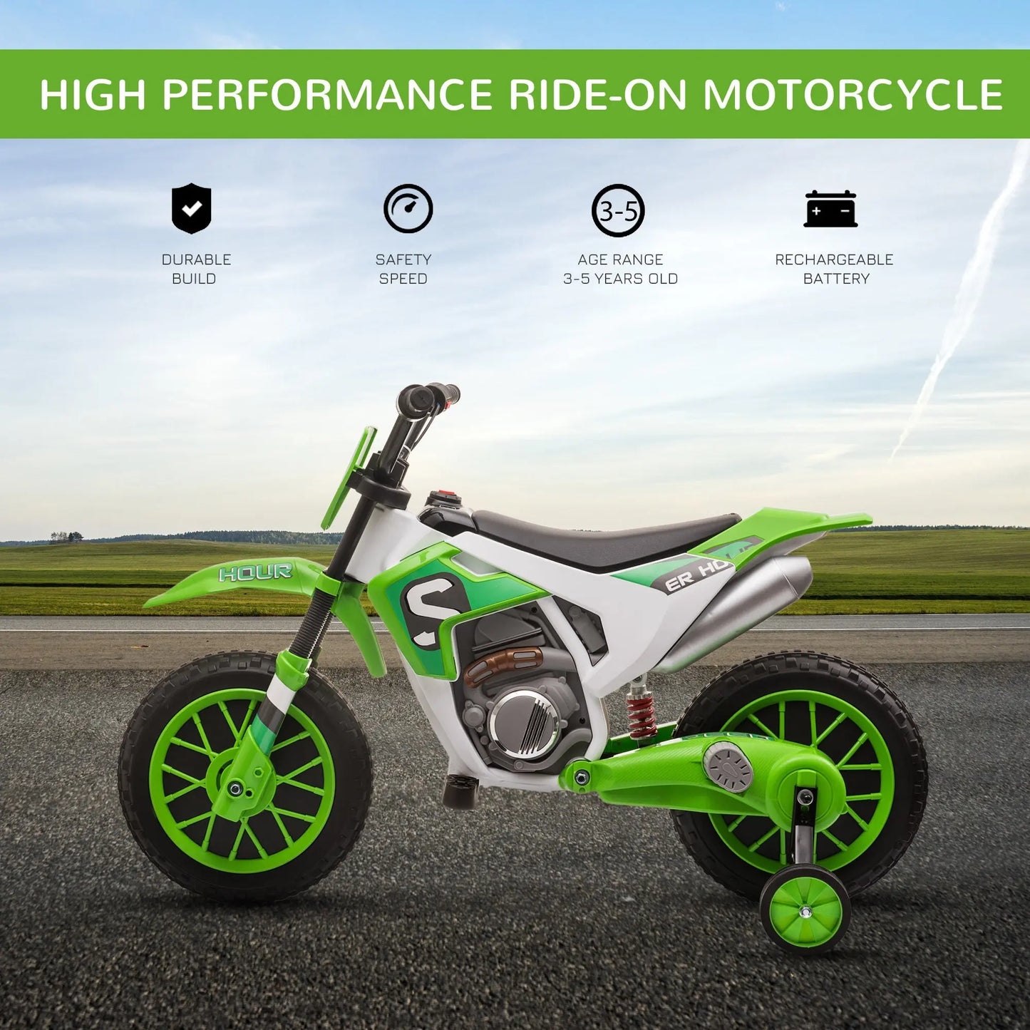 Kids Electric Bike, Aosom 12V Kids Motorcycle Dirt Bike Electric Battery-Powered Ride-On Toy Off-road Street Bike with Charging Battery, Training Wheels Green Doba