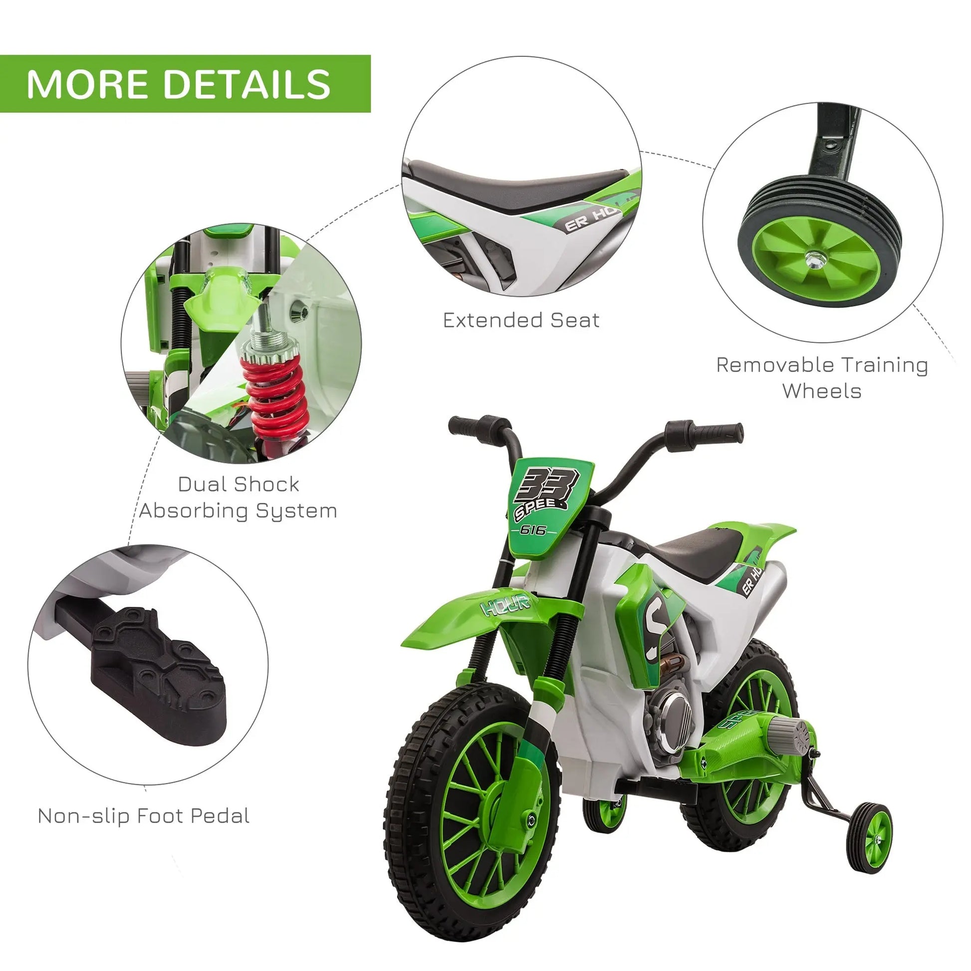 Kids Electric Bike, Aosom 12V Kids Motorcycle Dirt Bike Electric Battery-Powered Ride-On Toy Off-road Street Bike with Charging Battery, Training Wheels Green Doba