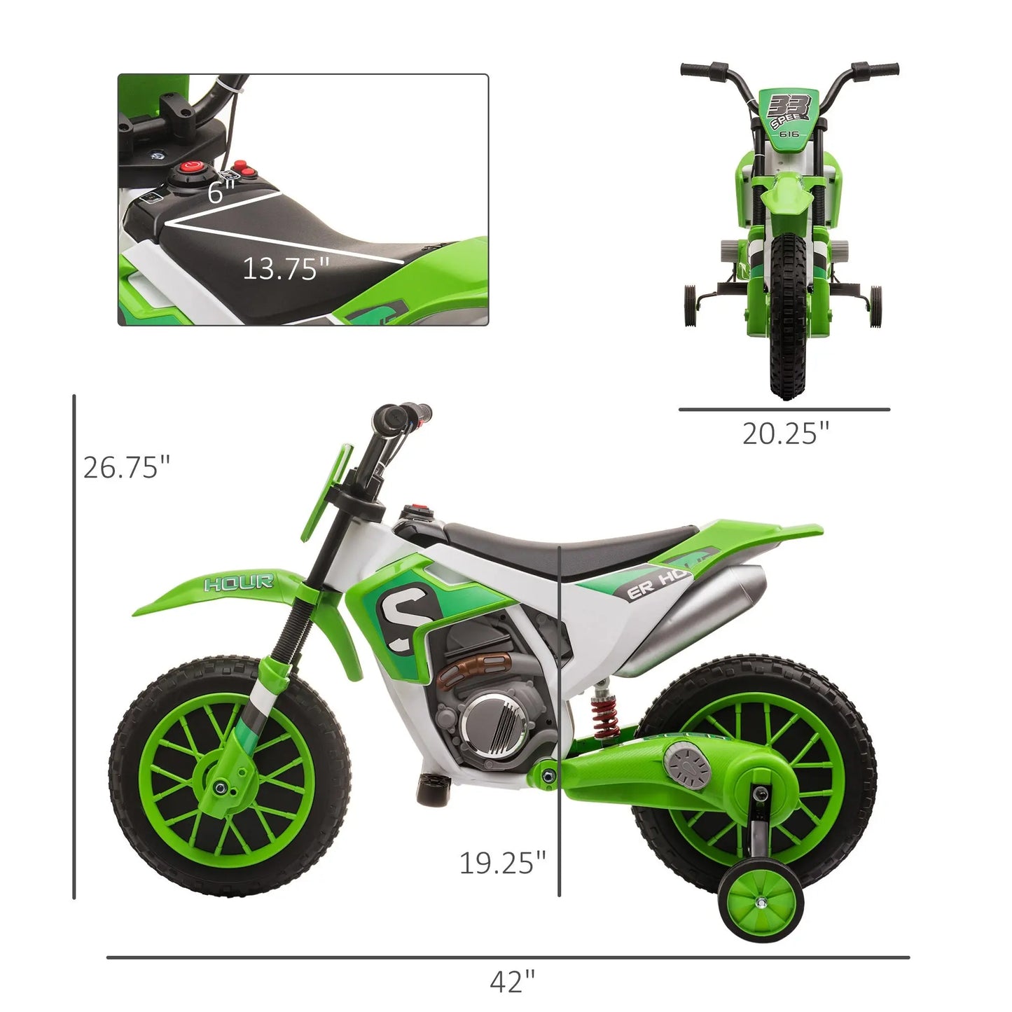 Kids Electric Bike, Aosom 12V Kids Motorcycle Dirt Bike Electric Battery-Powered Ride-On Toy Off-road Street Bike with Charging Battery, Training Wheels Green Doba