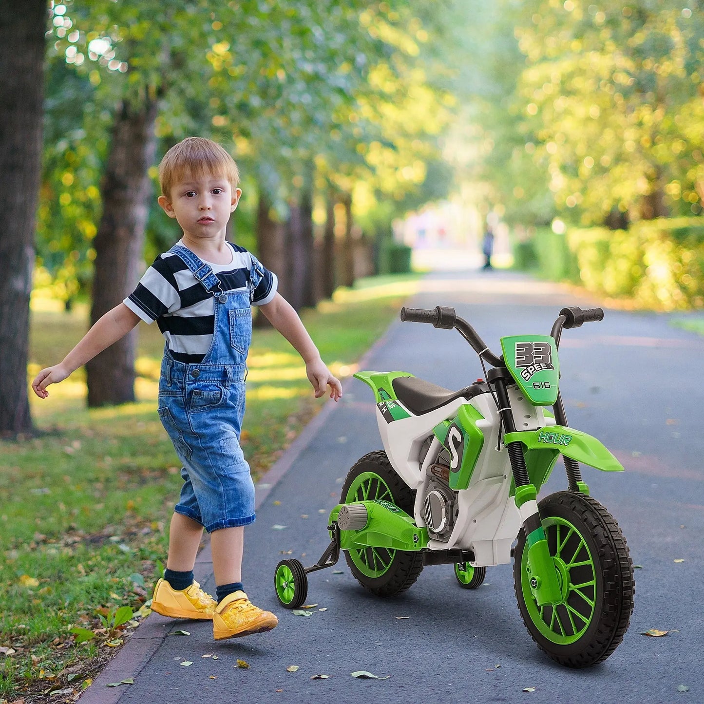 Kids Electric Bike, Aosom 12V Kids Motorcycle Dirt Bike Electric Battery-Powered Ride-On Toy Off-road Street Bike with Charging Battery, Training Wheels Green Doba