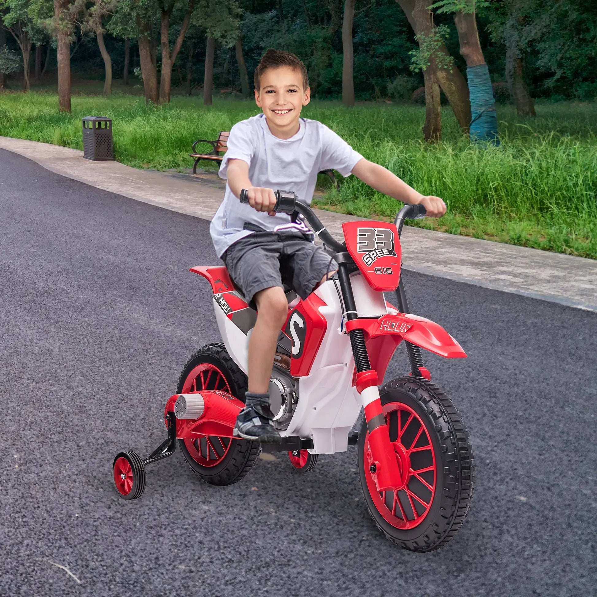 Kids, 12V Kids Ride on Toy Motorcycle, Electric Motor Toy Bike with Training Wheels for Kids 3-6, Red Doba