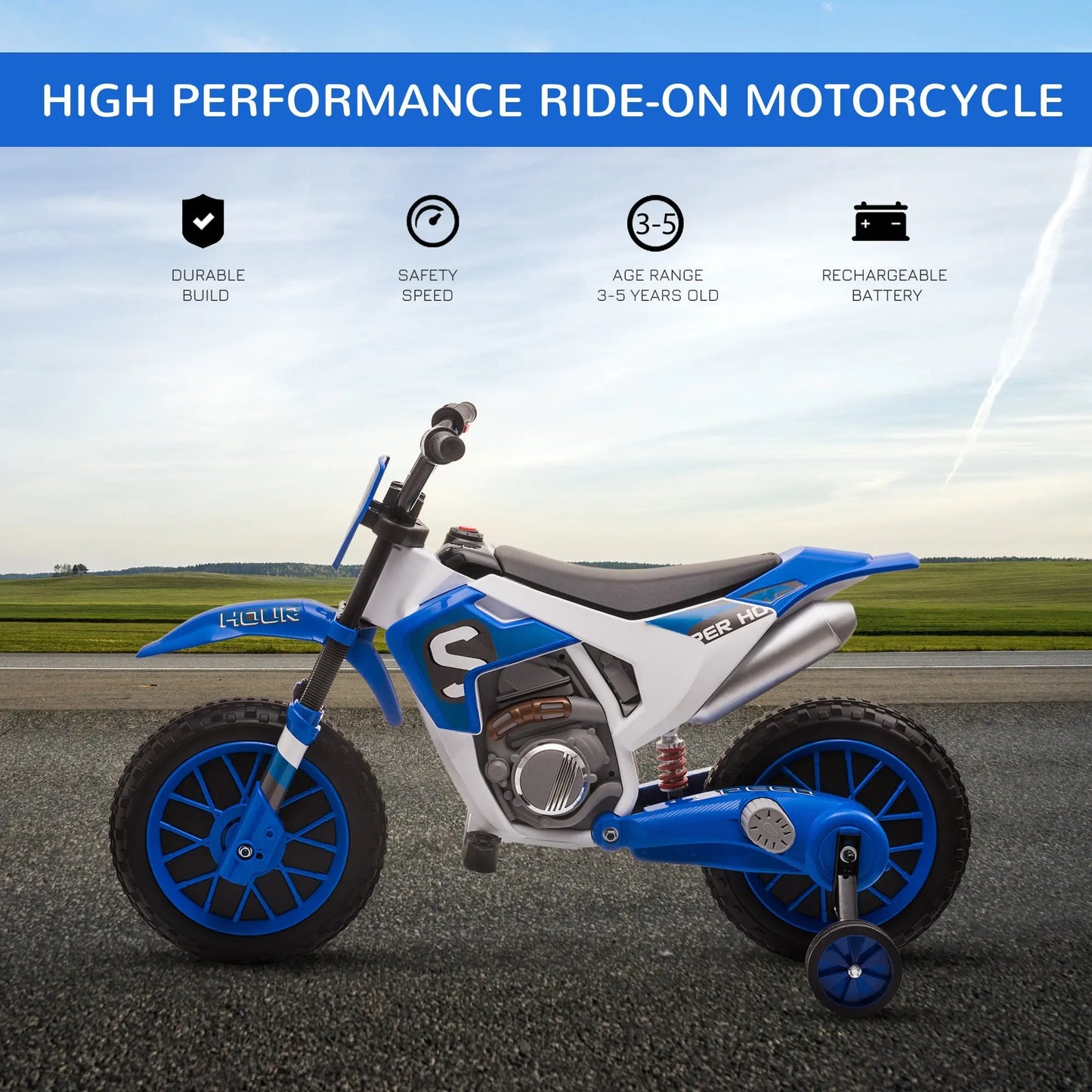 Kids,Aosom 12V Kids Motorcycle Dirt Bike Electric Battery-Powered Ride-On Toy Off-road Street Bike with Charging Battery, Training Wheels Blue Doba